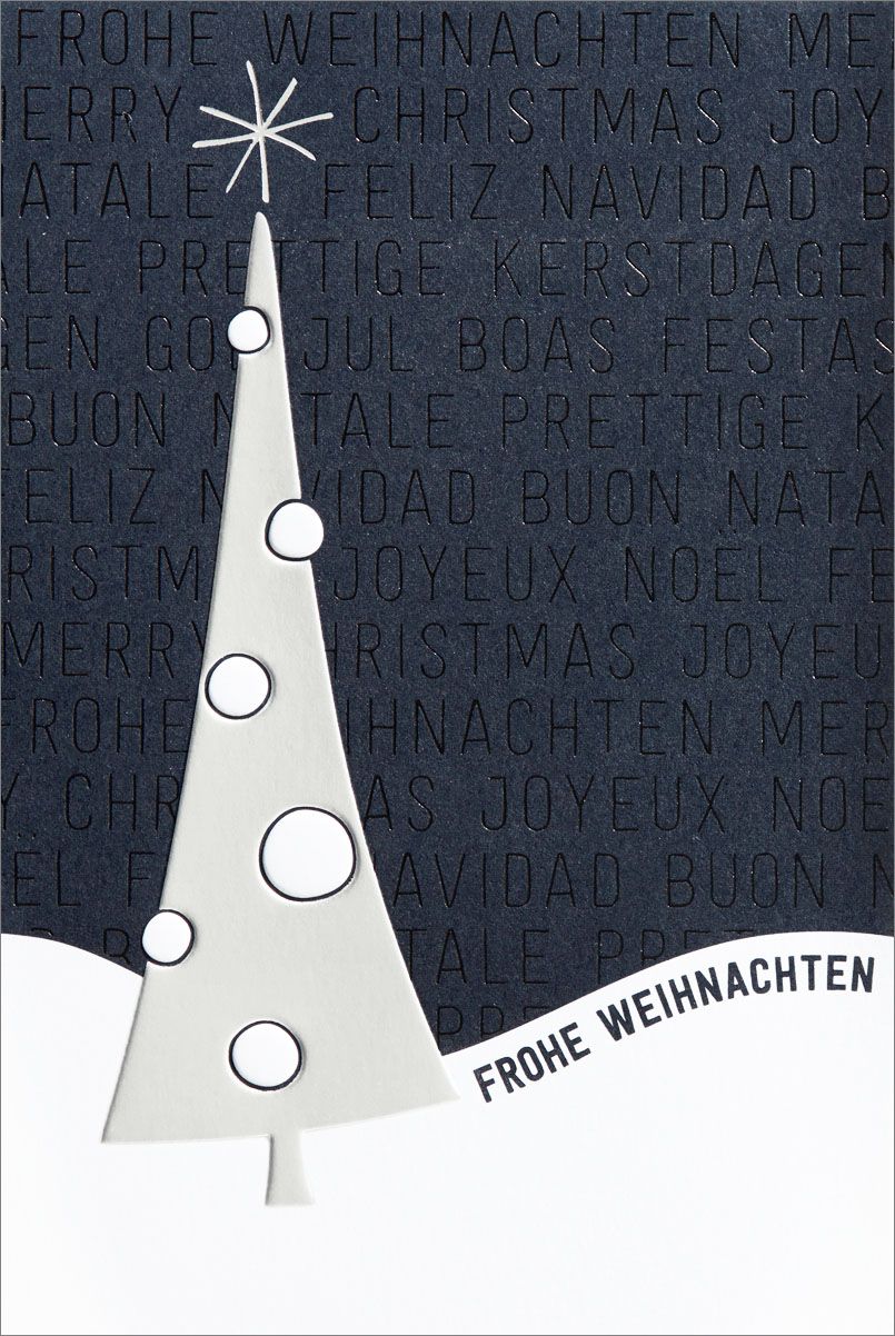 Weihnachtskarte Frohe Weihnachten mit silbernem Weihnachtsbaum international