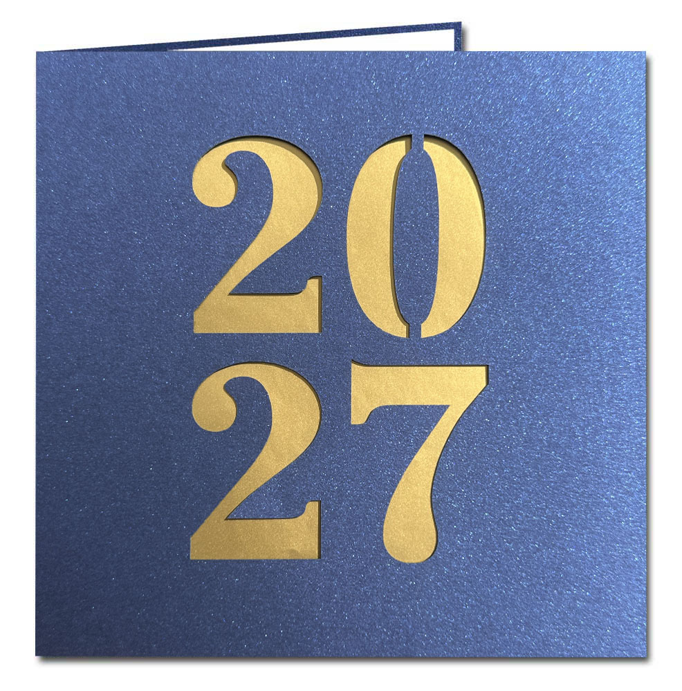 Blaue Metallic-Neujahrskarte mit Laserstanzung 2027 und goldenem Einlegeblatt