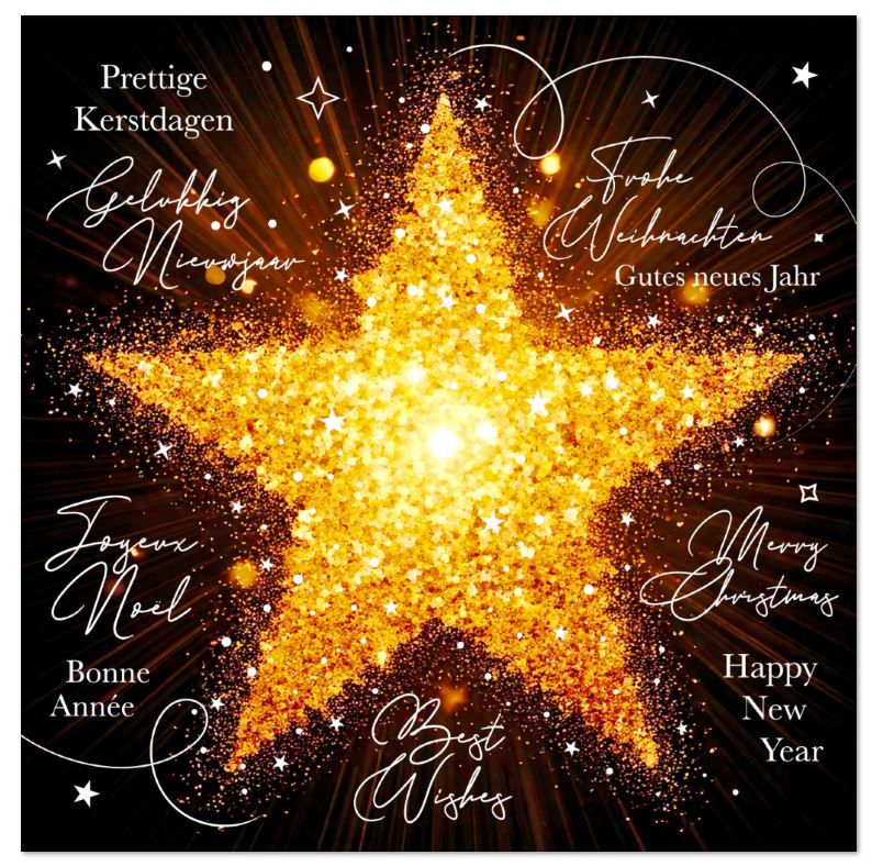 Quadratische Weihnachtskarte "Glitter & Globe" mit goldenem Stern und internationalen Grüßen