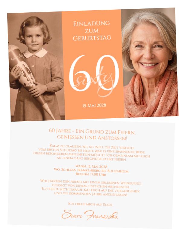 Geburtstagseinladung "Lebenslinien" zum 60. Geburtstag als Einzelkarte mit eigenen Bildern und Text