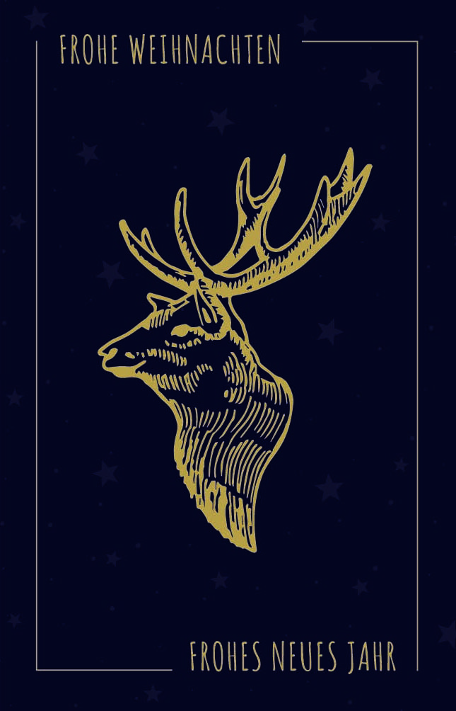 Elegante Weihnachtskarte in nachtblau "Golden Deer" mit goldfarbenem Hirschmotiv und Sternenhintergrund sowie deutschsprachigem Gruß