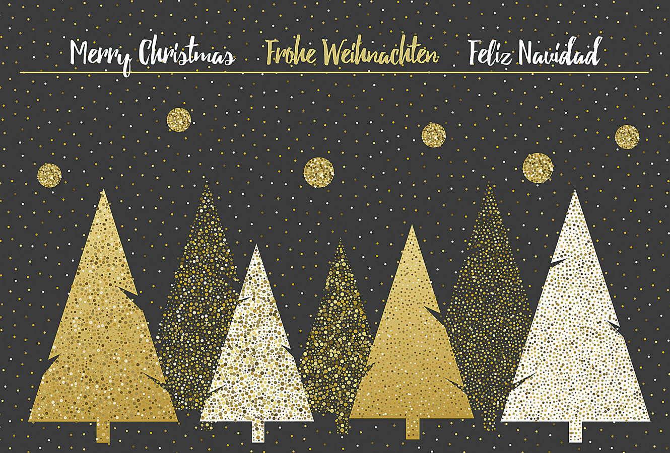 Weihnachtskarte mit Weihnachtsbäumen aus kleinen Punkten inkl. dreisprachigen Weihnachtsgrüßen