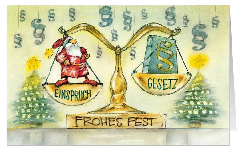 Heitere Branchenkarte für Rechtsanwälte und Juristen mit dem Weihnachstmann auf der Justitia-Waage