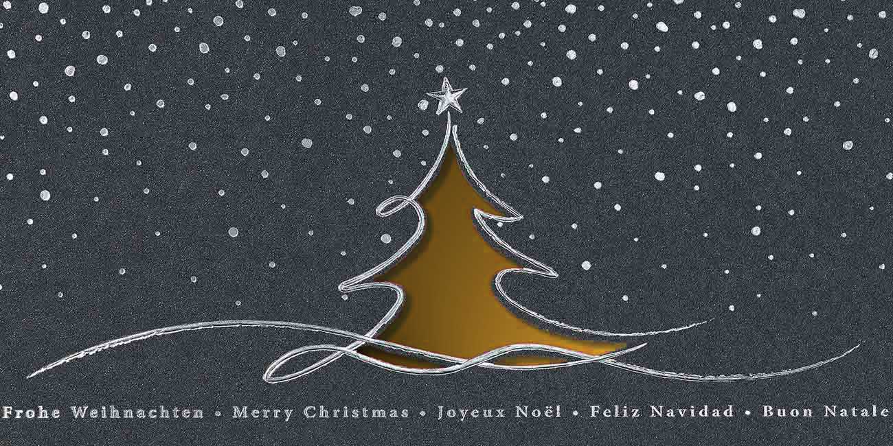 Internationale Weihnachtskarte mit Stanzung in anthrazit mit kupferfarbenem Falteinlegeblatt