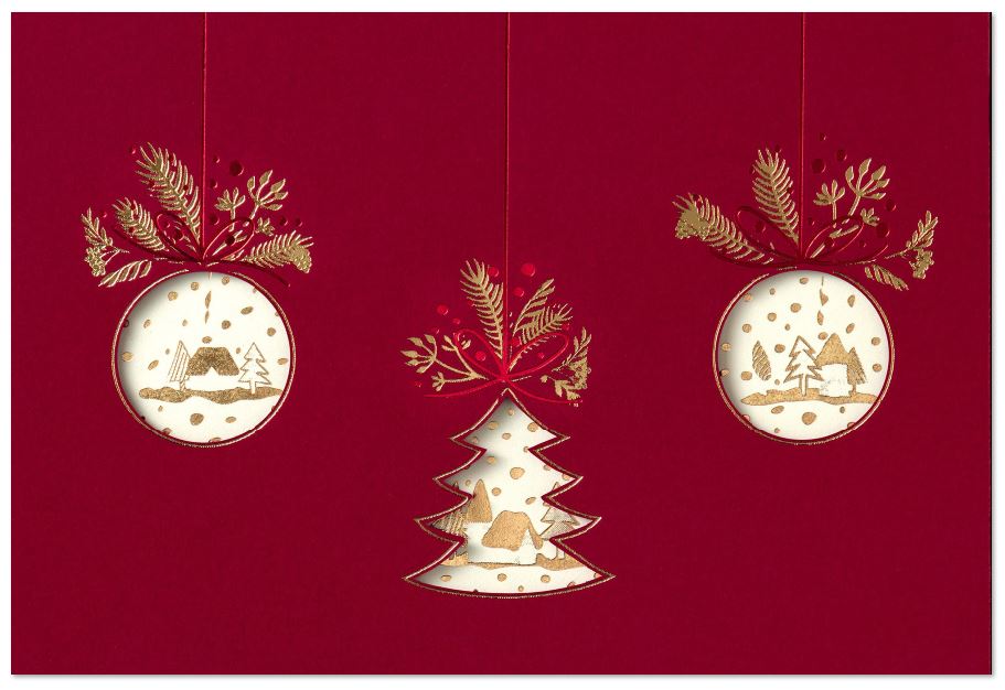 Bordeauxrote Weihnachtskarte mit Stanzungen und edler Goldfolienprägung, ohne Weihnachtsgruß