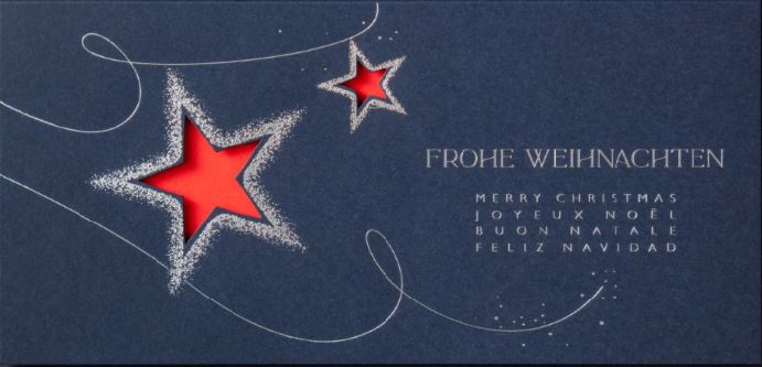 Internationale Weihnachtskarte mit Sternstanzung und Silberfolienprägung, DIN lang, Einlegeblatt rot
