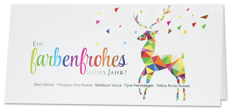 Neujahrsgrußkarte weiß mit Rentier aus verschiedenfarbigen Farbflächen