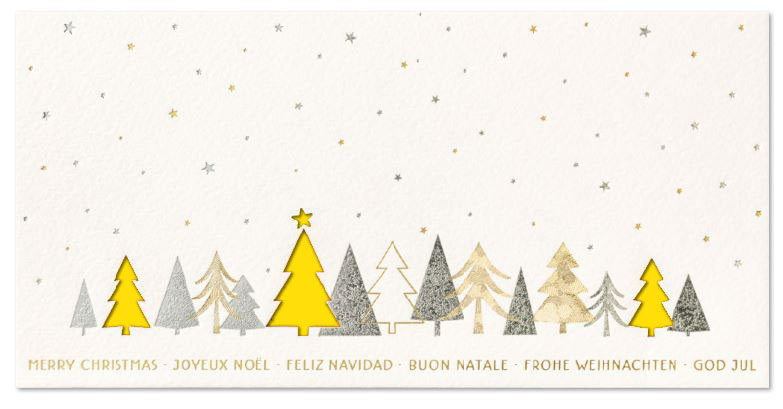 Mehrsprachige Weihnachtskarte DIN lang mit Gold- und Silberprägung, Stanzung und Einleger in gelb