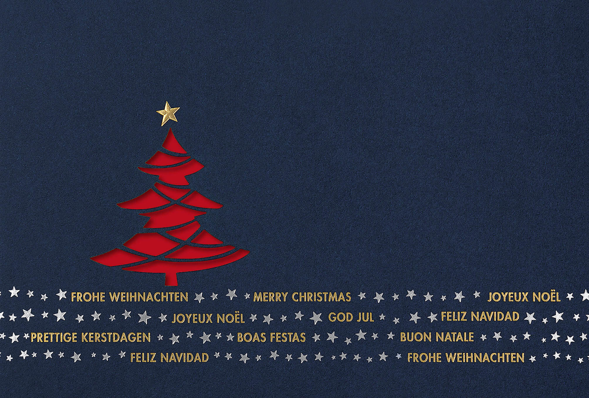 Dunkelblaue Weihnachtskarte mit internationalen Weihnachtsgrüßen und rotem Einleger