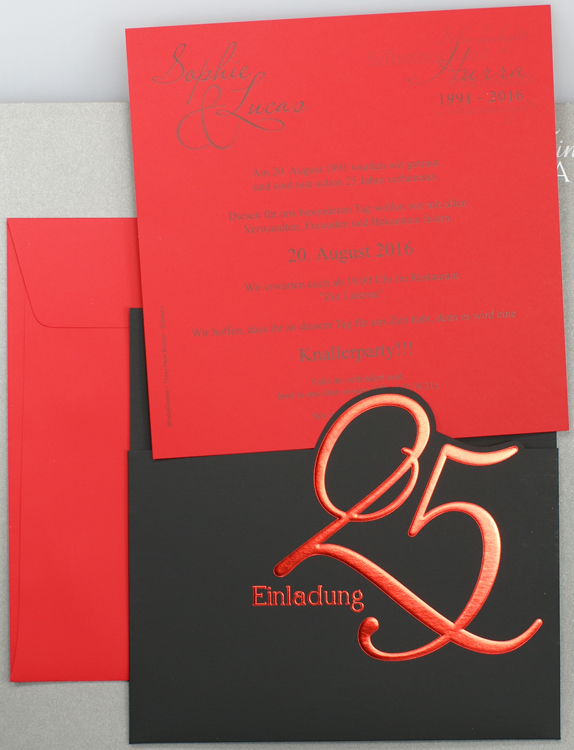 Einladungskarte Silberhochzeit rot/schwarz mit Folienprägung