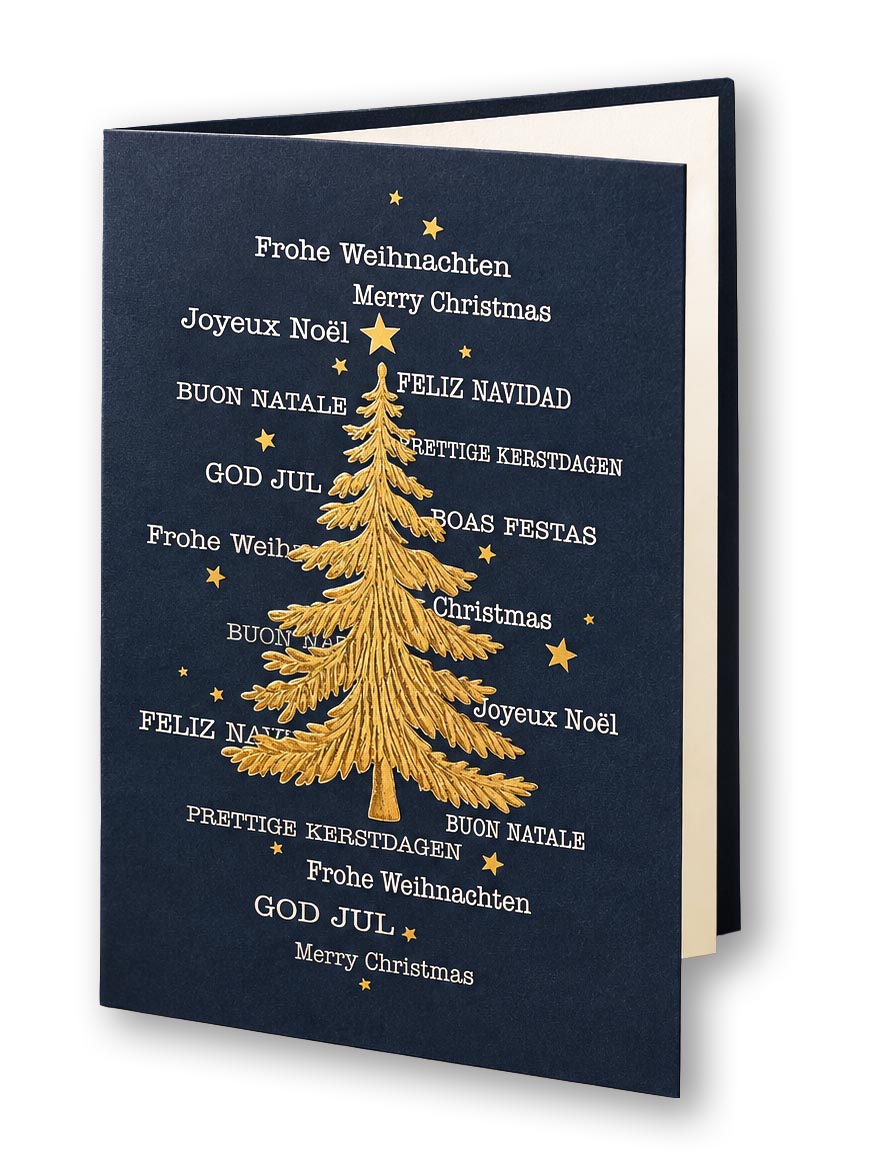 Mehrsprachige Weihnachtskarte "Tannenpracht" im edlen Design mit Gold- und Silberfolienprägung, inkl. Einlegeblatt