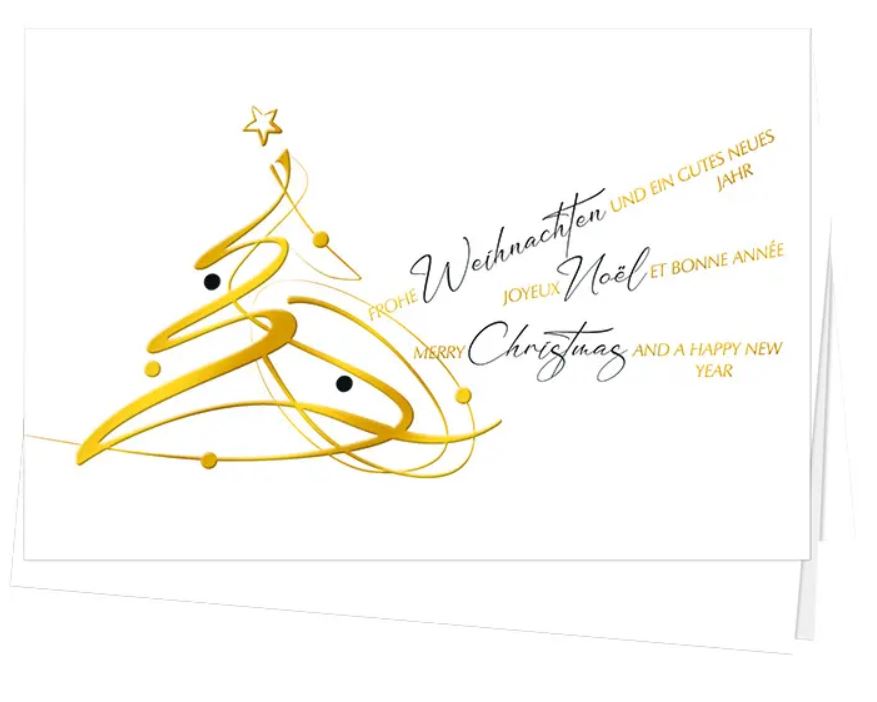 Mehrsprachige Weihnachtskarte weiß "Christmas Swing" mit Folienprägung schwarz und gold, inkl. Einleger in weiß