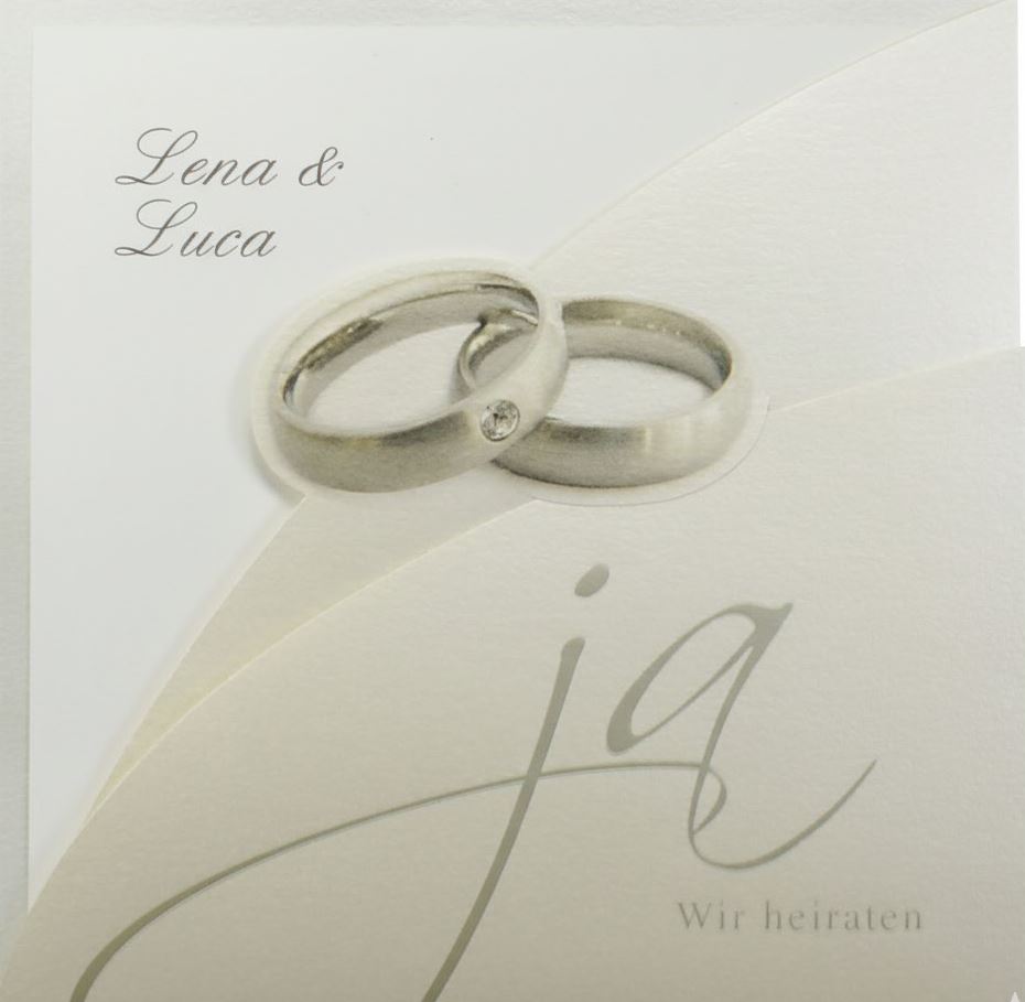 Perlmuttfarbene Einladungskarte mit aufgedruckten Eheringen und "Ja - wir heiraten", quadratisch inkl. Einlegekarten