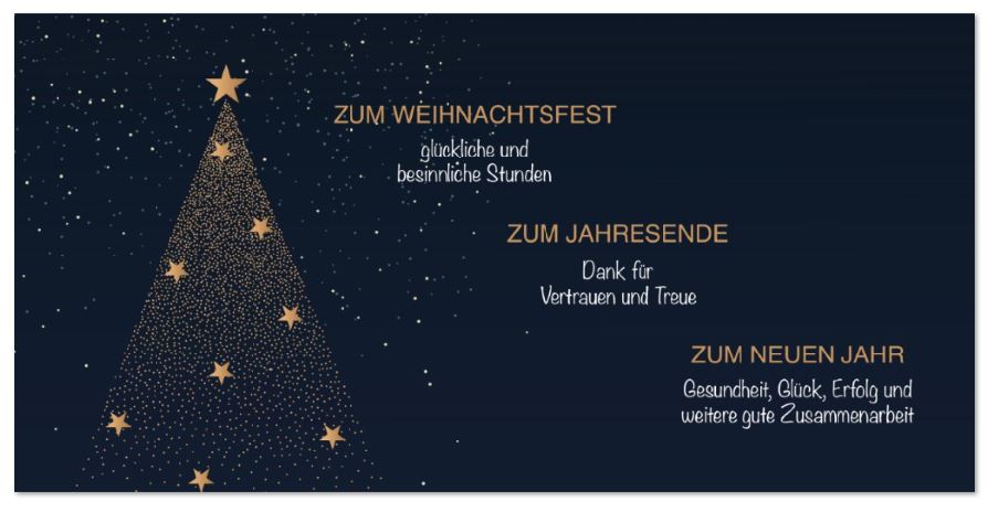 Firmenweihnachtskarte "Festlicher Sternenbaum" mit geschäftlichen Weihnachts- und Neujahrsgrüßen, DIN lang