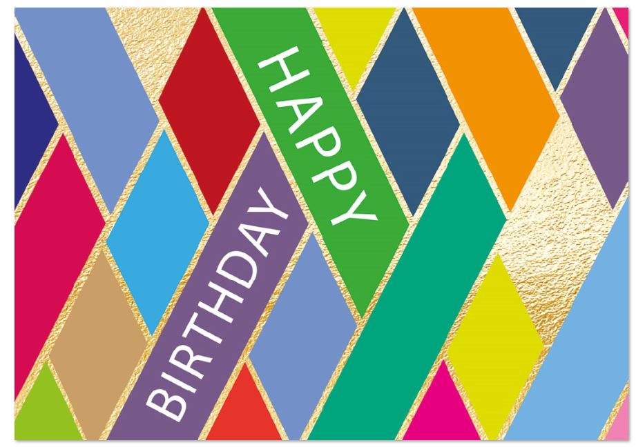 Moderne Geburtstagsgrußkarte "Lebensfreude" im farbenfrohen Design mit "Happy Birthday"