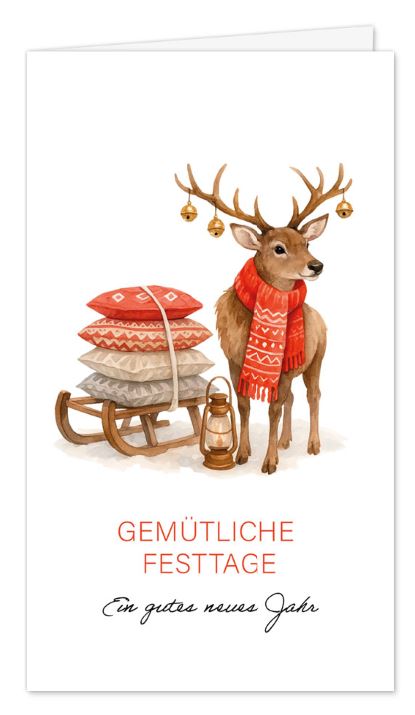 Winterliche Weihnachts-Klappkarte „Hirsch mit Kissen-Schlitten“ mit herzlichen Weihnachtsgrüßen im praktischen Kleinformat
