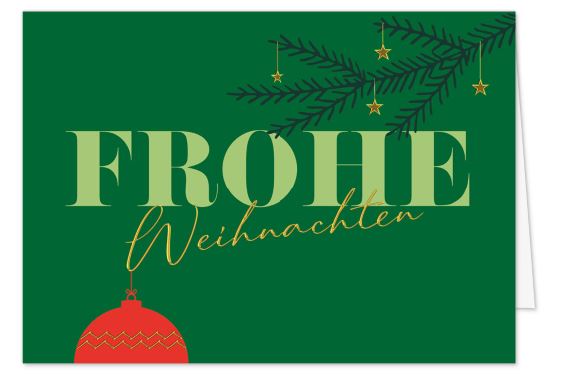Tannengrüne Spendenkarte mit roter Weihnachtskugel und Zweig zugunsten von: Kinder-Krebs-Stiftung