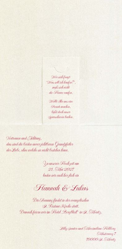 Originelle Hochzeitskarte in perlmutt mit fröhlichem Brautpaar im Oldtimer und Schriftzug "Just Married" 