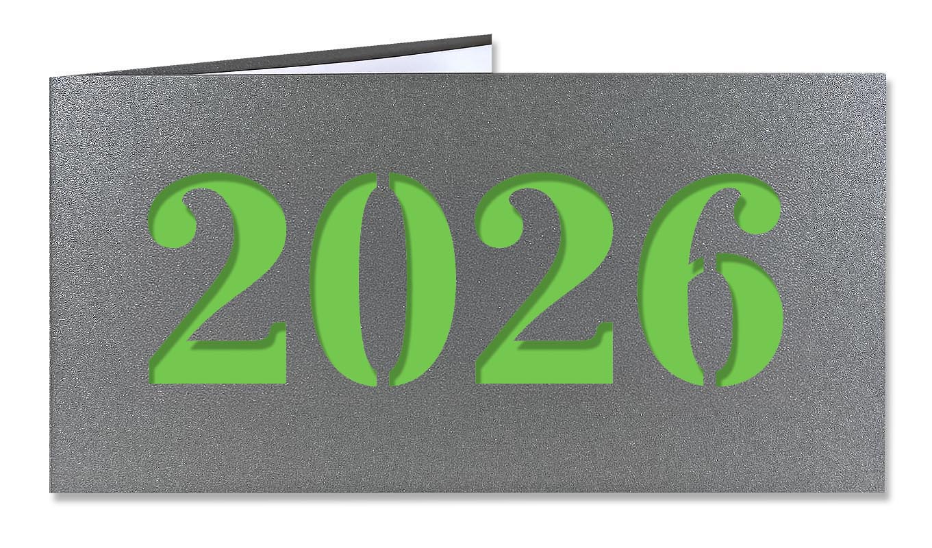 Anthrazitfarbene Neujahrskarte mit Laserstanzung 2026 und grünem Einlegeblatt