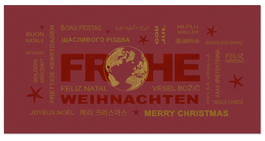 Globale Weihnachtskarte in rot mit Weltkugel und internationalen Grüßen in Gold- und Rotfolienprägung