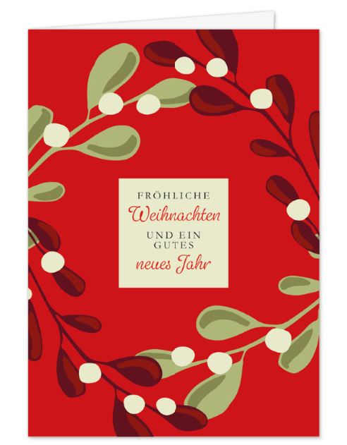 Klassische Weihnachts-Klappkarte „Festlicher Kranz“ in Rot mit Mistelzweig-Motiv 