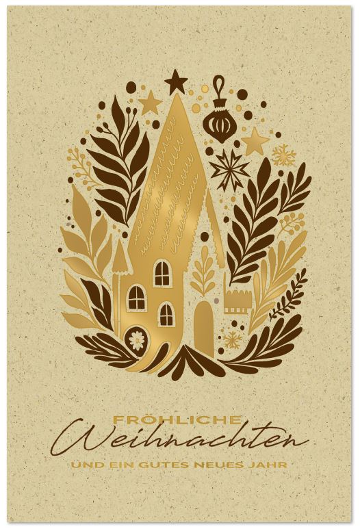 Hellbraune Weihnachtskarte "Festtagsidylle" mit Braun- und Goldfolienprägung inkl. Falteinlegeblatt innen