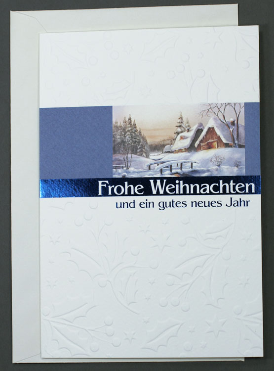 Weihnachtskarte weiß mit Reliefprägung und Winterlandschaft