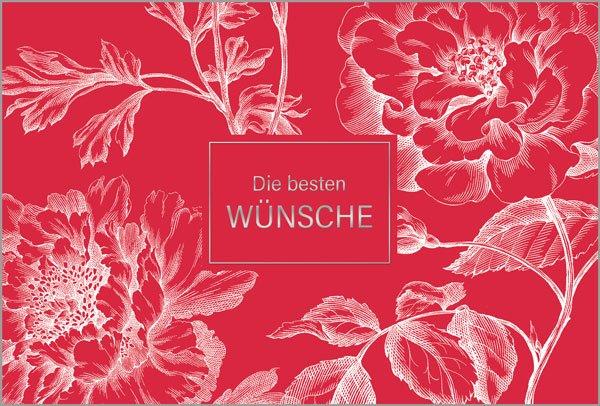 Exklusive Glückwunschkarte "Rubin-Flora" in kräftigem Rot mit Silberfolienprägung und weißem Einlegeblatt innen