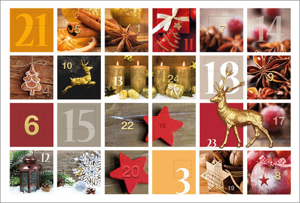 Adventskalenderkarte mit weihnachtlichen Motiven und Türchen zum Öffnen