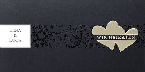 Elegante Hochzeitseinladung in nachtblau mit "Wir heiraten" und Herzen in Goldfolienprägung