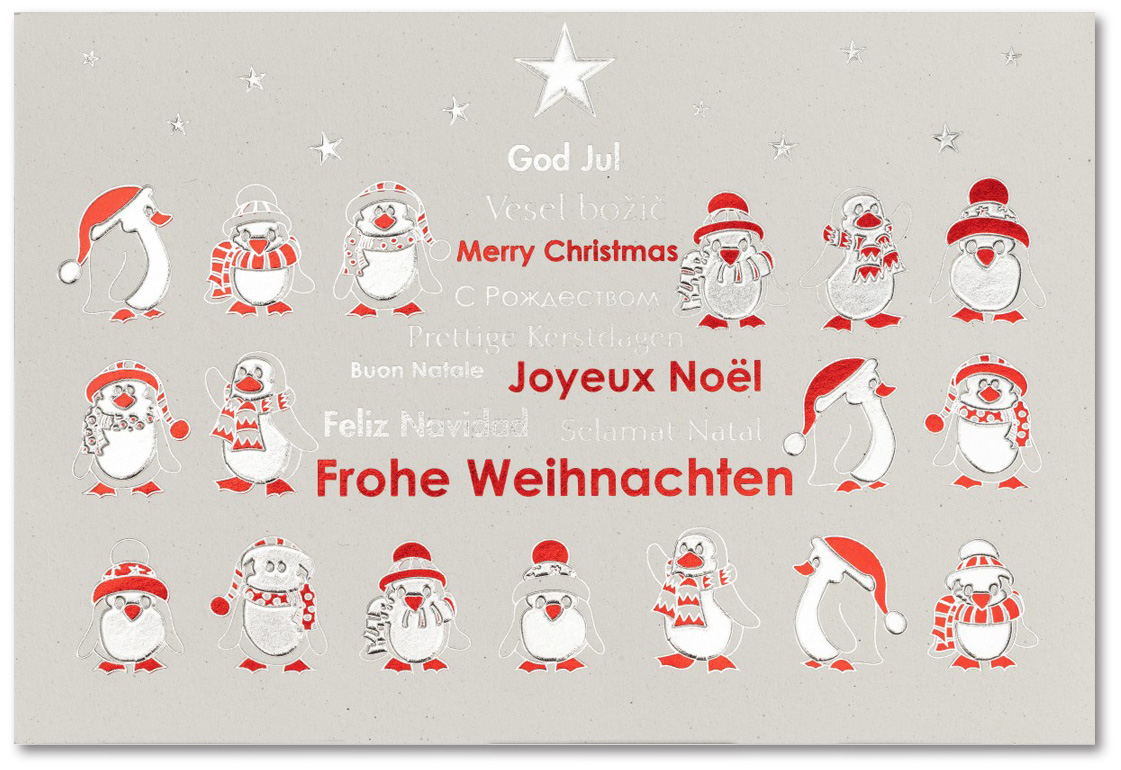 Weihnachtskarte weiß mit Pinguinen als Weihnachtsmänner international Frohe Weihnachten