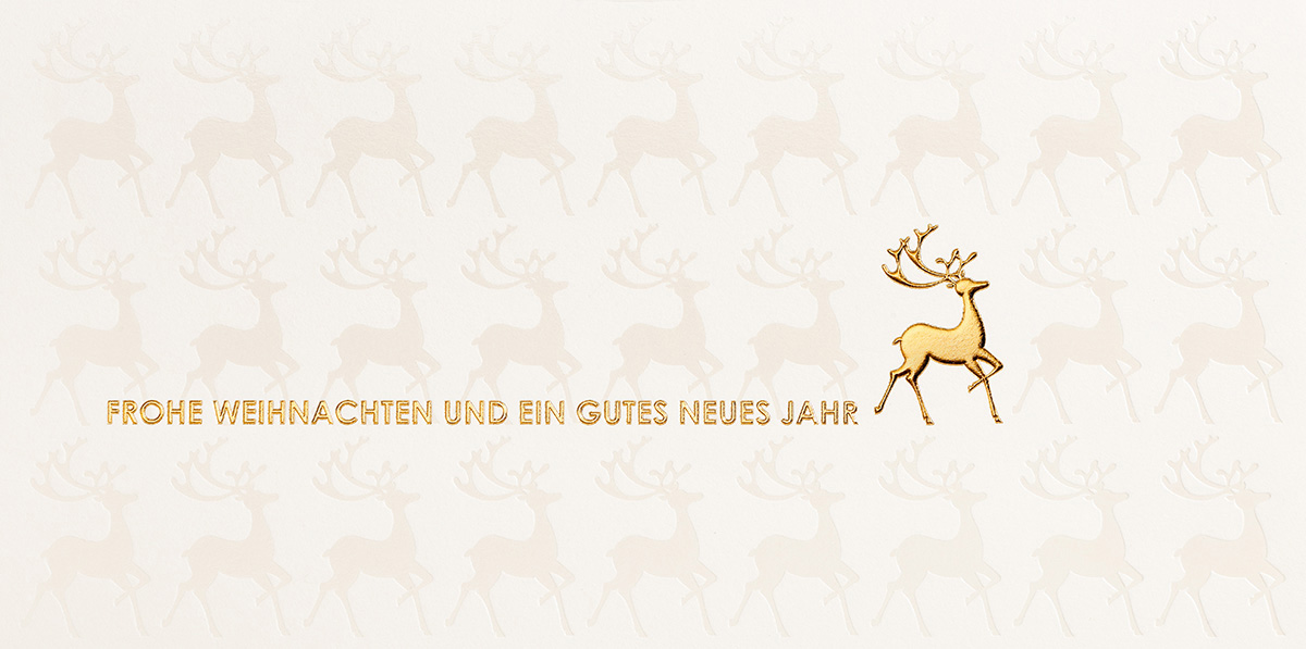 Weihnachtskarte cremefarben mit Rentieren geprägt perlmutt gold