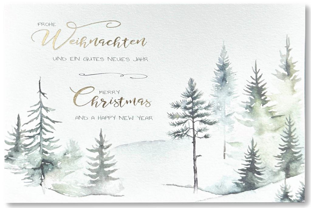 Aquarell-Weihnachtskarte mit verschneitem Tannenwald und deutsch-englischem Weihnachtsgruß
