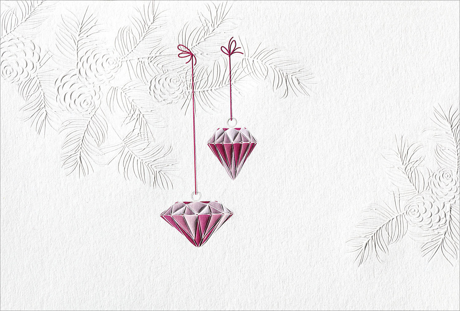 Weihnachtskarte cremeweiß mit zwei roten Diamanten als Weihnachtskugeln