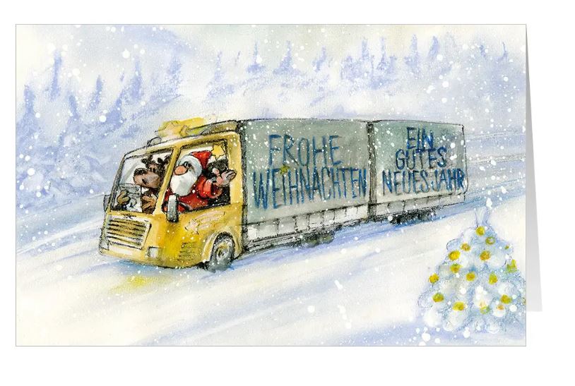 Heitere Branchenweihnachtskarte "Truck on Tour" für Spedition, Transport- und Logistikunternehmen, mit Weihnachtsgruß