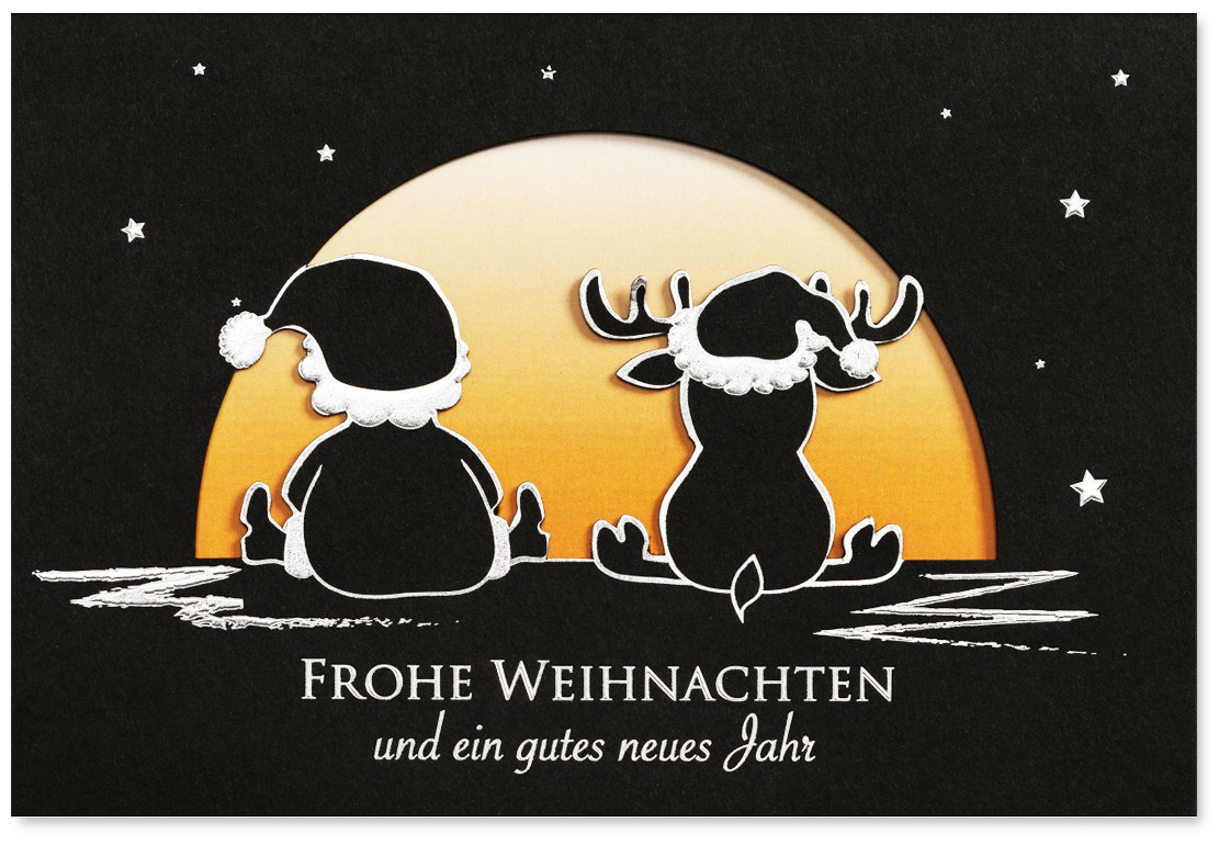 Weihnachtskarte schwarz mit Weihnachtsmann und Rentier vor dem Sonnenuntergang