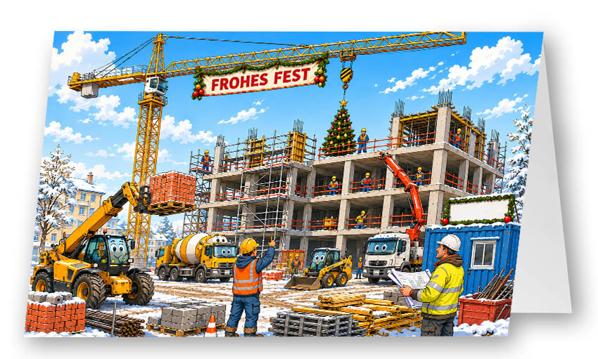Lustige Weihnachtskarte „Weihnachtsbau“ mit Großbaustelle, Baukran und fleißigem Bauteam sowie festlichem Weihnachtsbaum