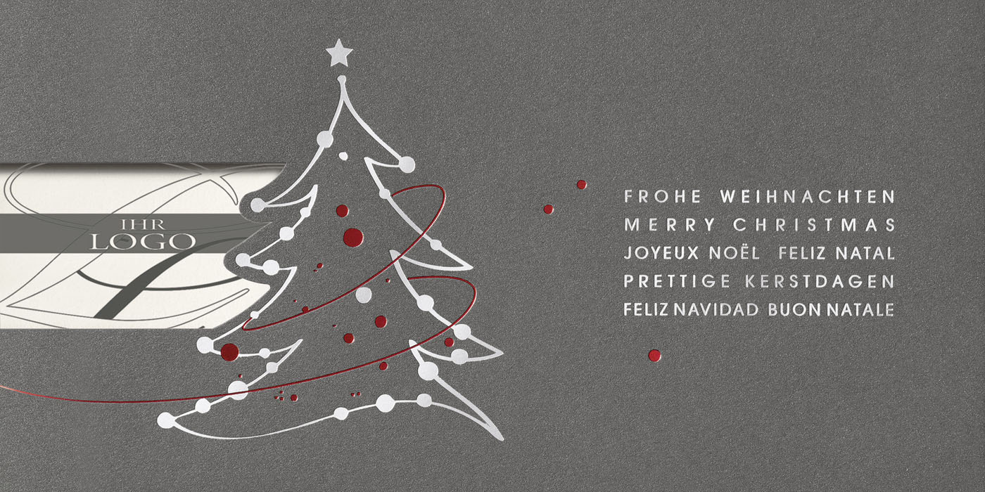 Weihnachtskarte anthrazit metallic Schriftzug Frohe Weihnachten in verschiedenen Sprachen Logokarte