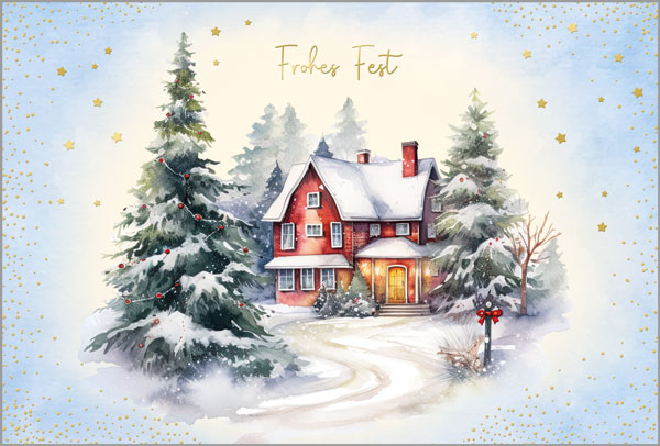Stimmungsvolle Weihnachtskarte "Haus im Schnee" mit goldgeprägtem Weihnachtsgruß und verschneitem Haus und Tannen