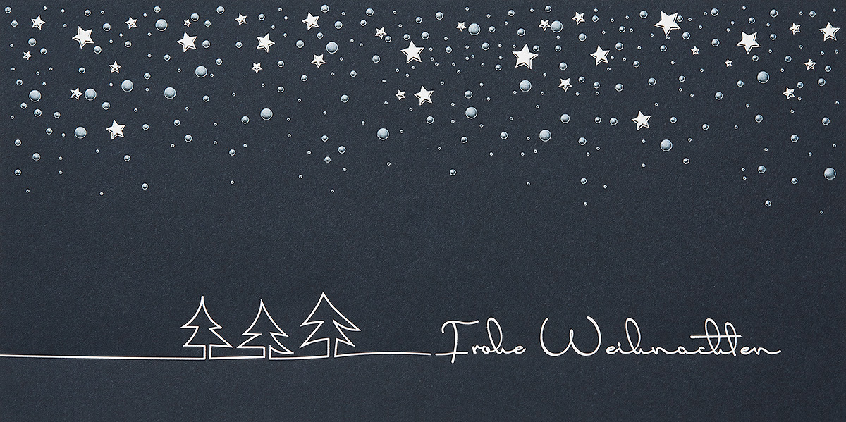 Weihnachtskarte nachtblau silber mit Sternen, Bäumen, Schneefall