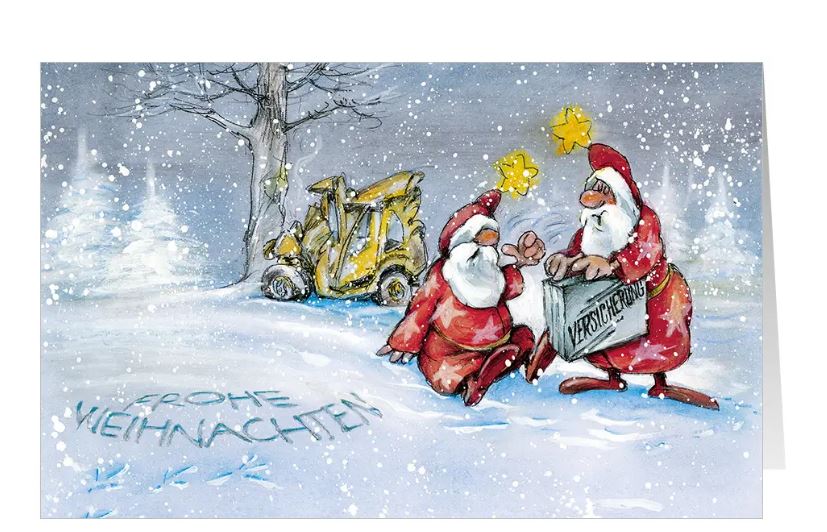 Humorvolle Weihnachtsgrußkarte "Schadenfrei ins Fest" für Versicherungen, Automobilclub, Schadensregulierung