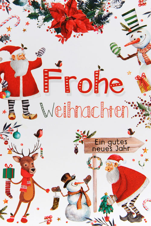 Weihnachtskarte mit vielen weihnachtlichen Motiven und Schriftzug: Frohe Weihnachten - Ein gutes neues Jahr