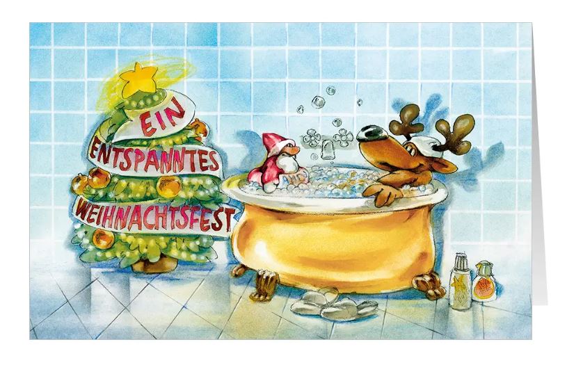 Fröhliche Weihnachstkarte mit dem Rentier und dem Weihnachtsmann in der Badewanne.