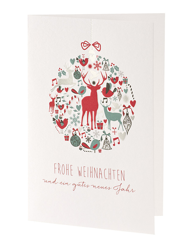 Weihnachtskarte weiß mit Weihnachtskugel aus versch. Motiven