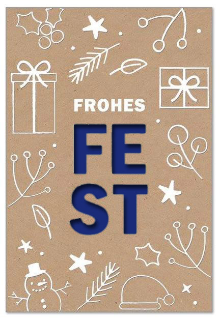 Gestanzter Festgruß mit weiß geprägten Winter-Doodles und Spende zugunsten dem Deutschen Kinderhilfswerk e.V., Einleger dunkelblau