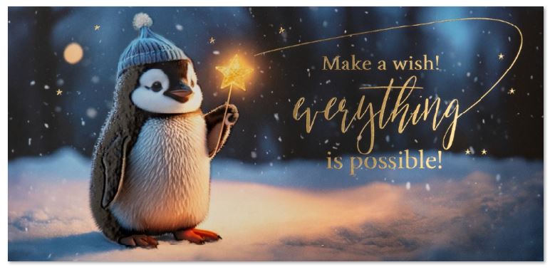 Herzerwärmende Weihnachtskarte "Optimismus" mit kleinem Pinguin und Sternenstab im Schnee