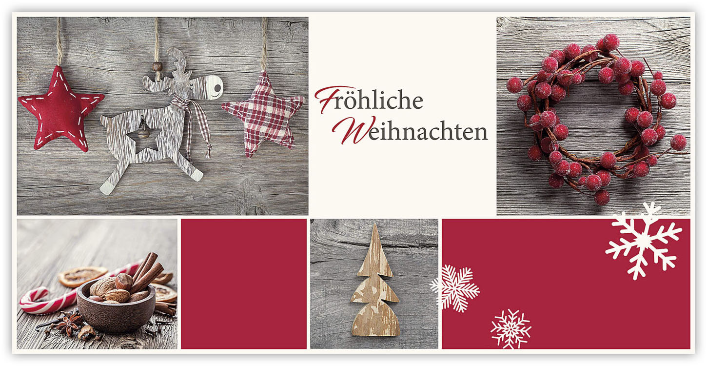 Weihnachtskarte creme mit Fotomotiven aus der Weihnachtszeit Fröhliche Weihnachten