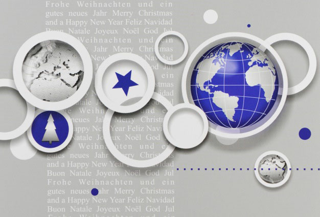 Weihnachtskarte mit Weltkugel und internationalen Weihnachtsgrüßen und Neujahrswünschen