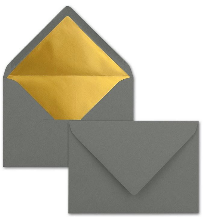 Briefumschlag DIN C6, 16,2 x 11,4 cm, nassklebend, 120g, anthrazit mit goldenem Innenfutter