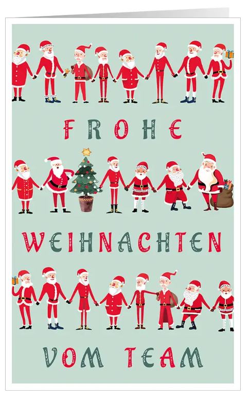 Originelle Firmen-Spendenkarte "Teamgeist" mit Weihnachtsmännern und Gutem Zweck: Ärzte ohne Grenzen